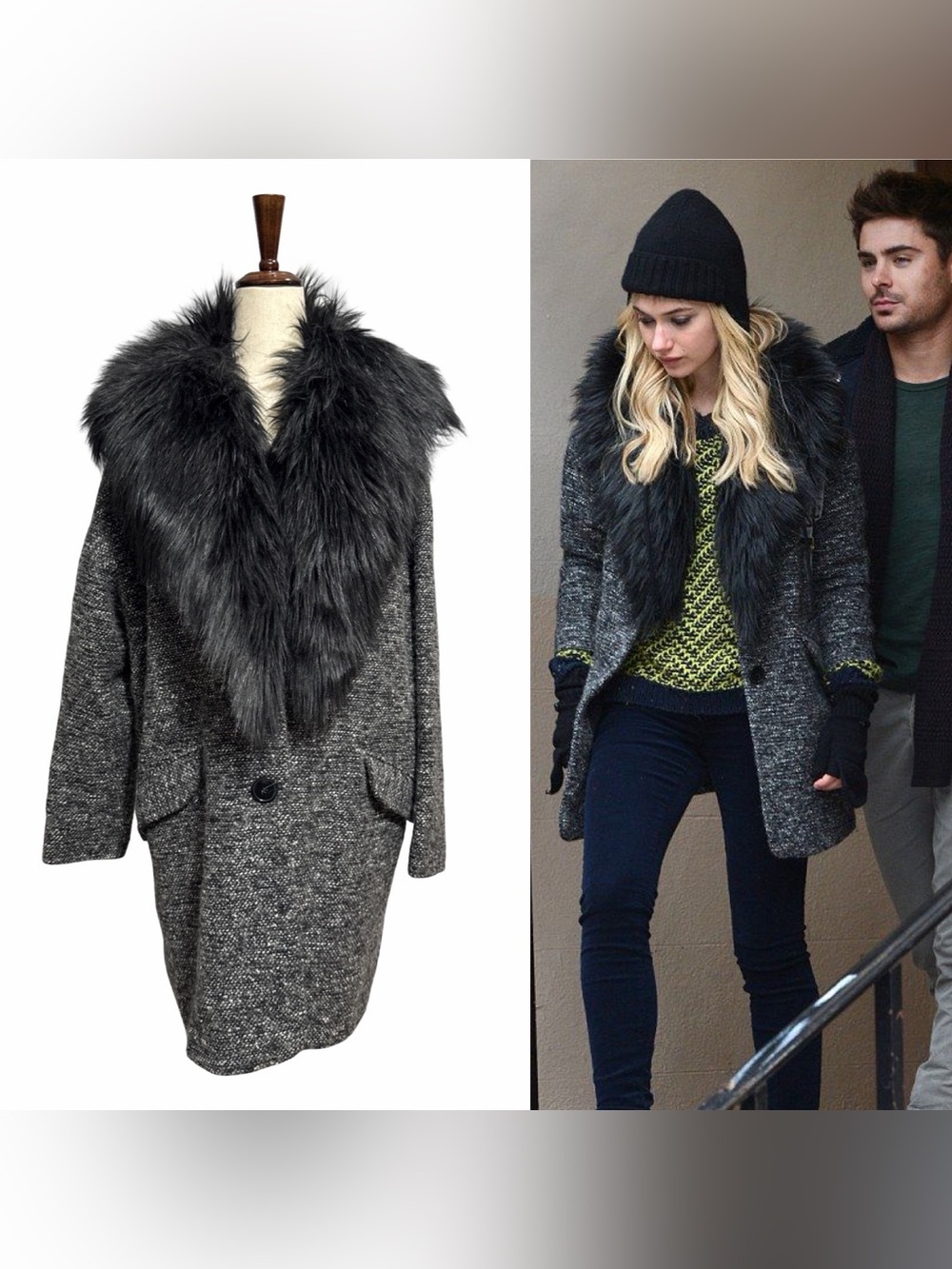 Topshop • Boucle Wool Coat Detachable Faux Fur Collar Gray US 8 ASO Imogen Poots